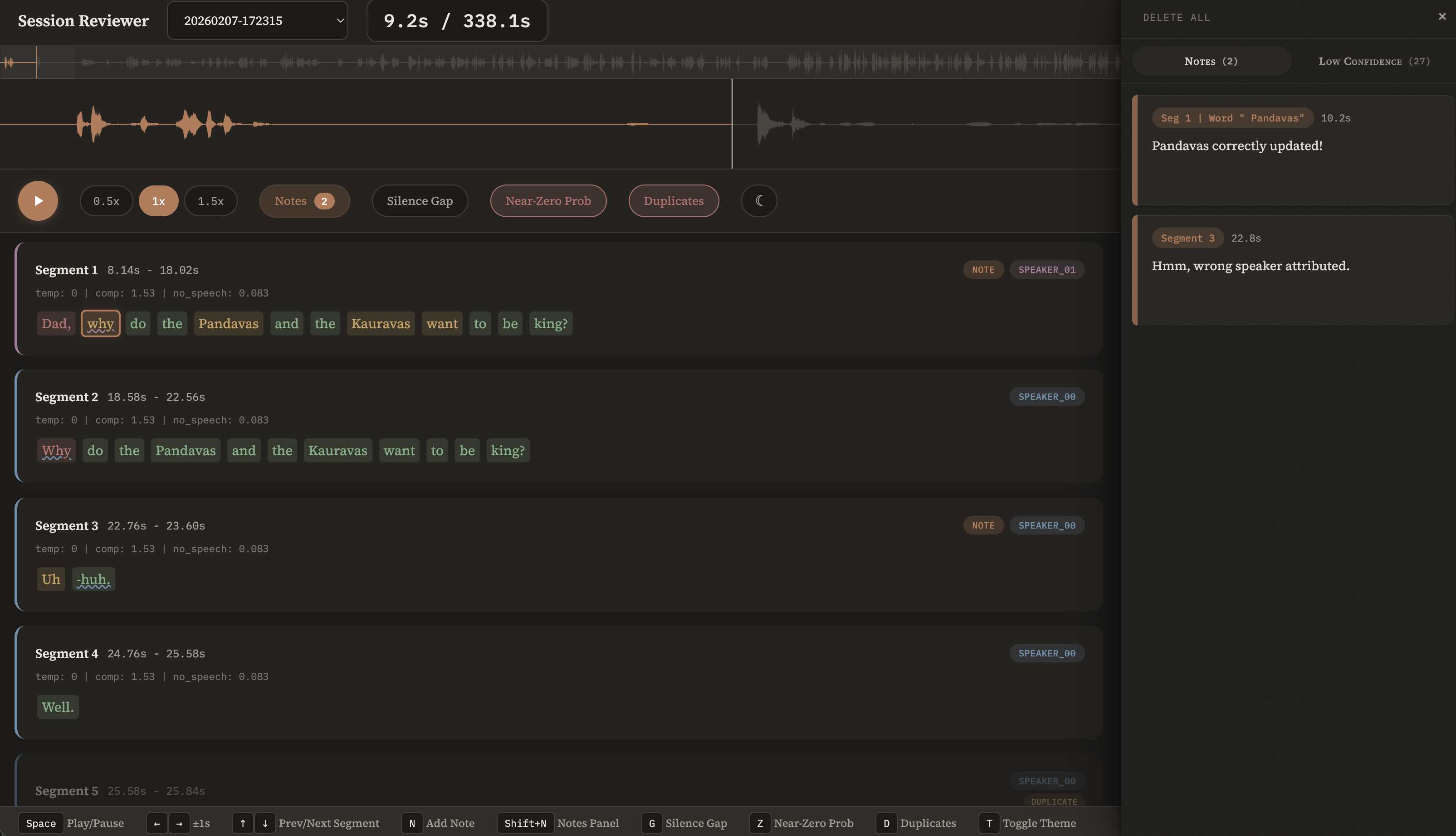 Session Reviewer tool showing waveform, word-level speaker-colored transcript segments, notes panel with annotations, and hallucination filter controls