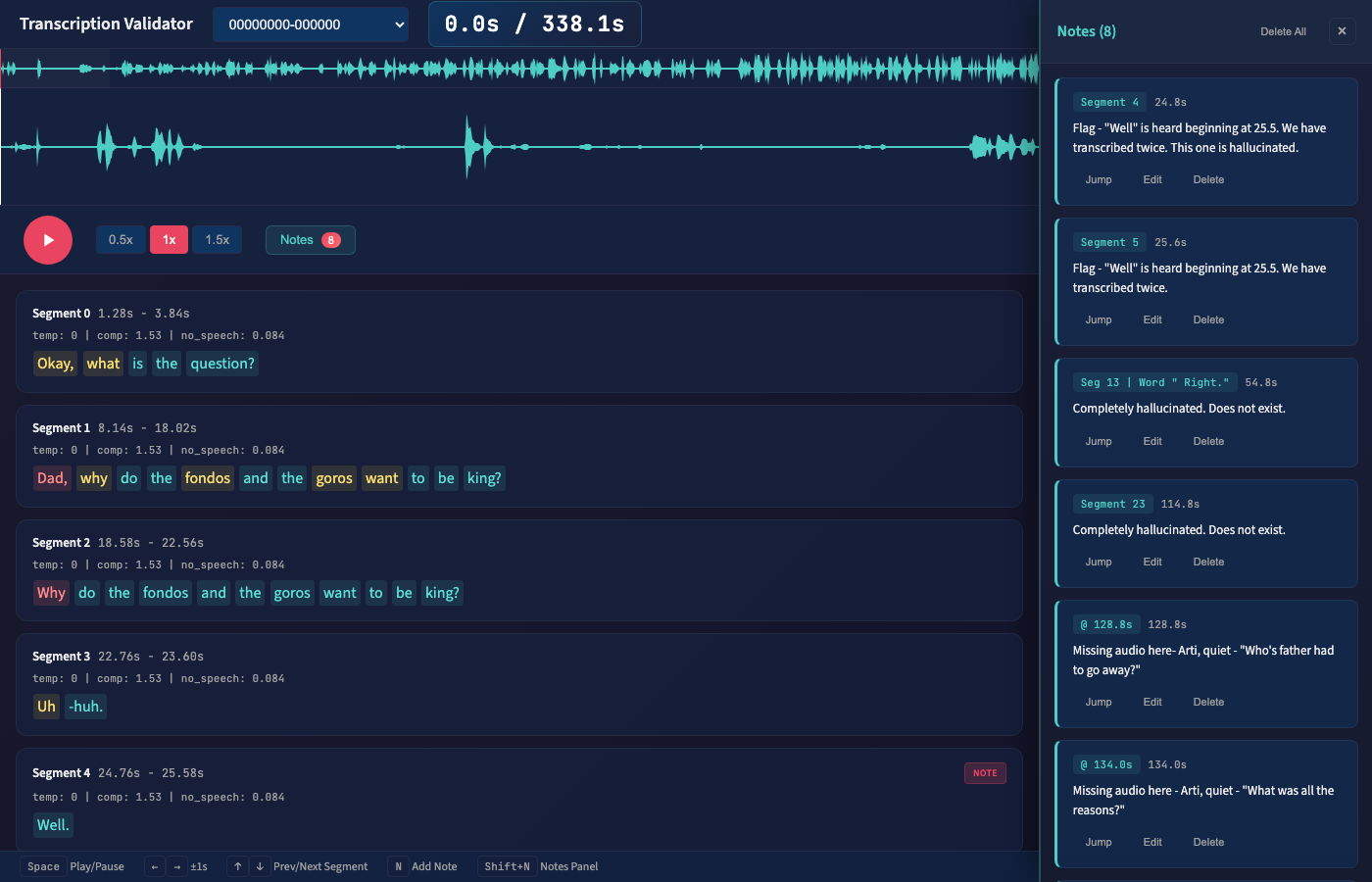 Transcript validation player showing waveform and word-level highlighting